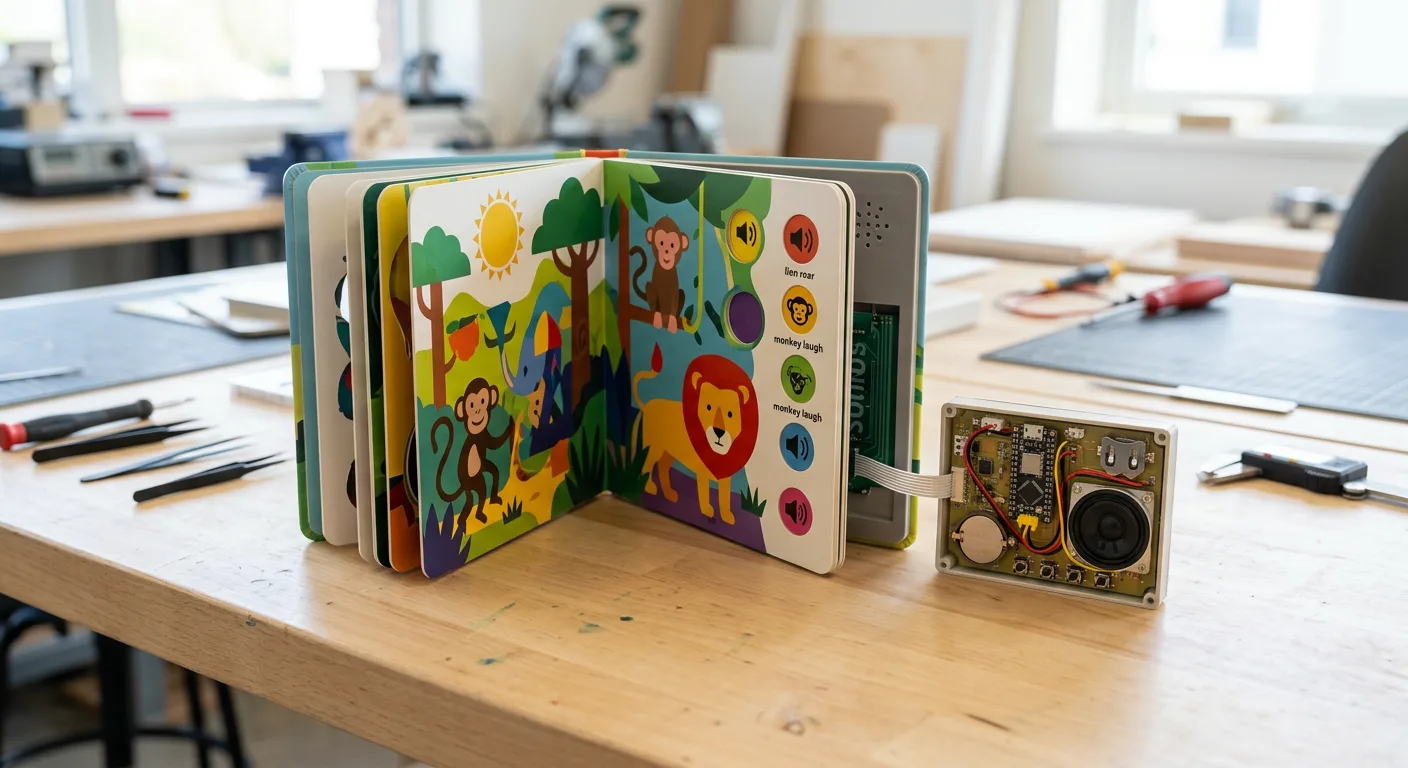 Prototype sound module beside a custom children's book