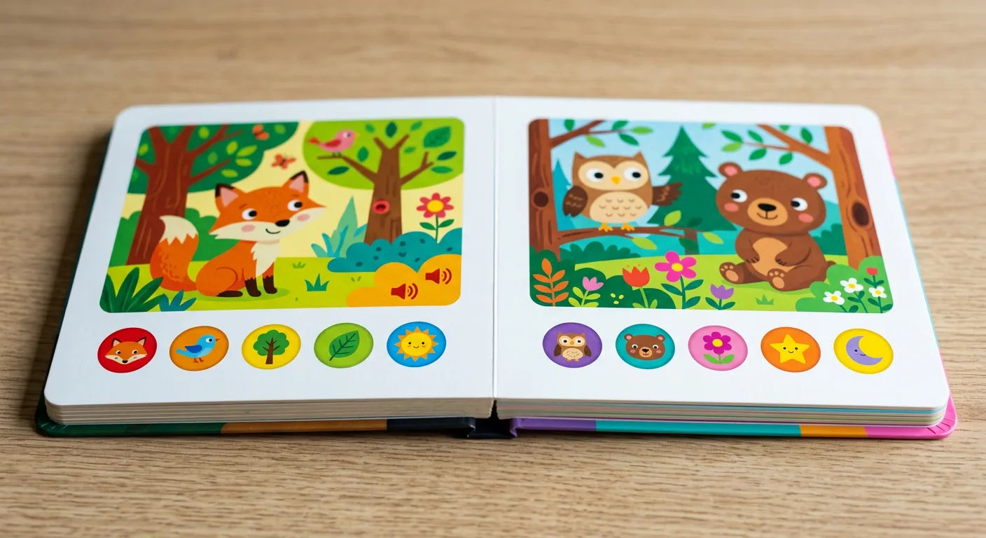 Printed children's book page designed with audio controls