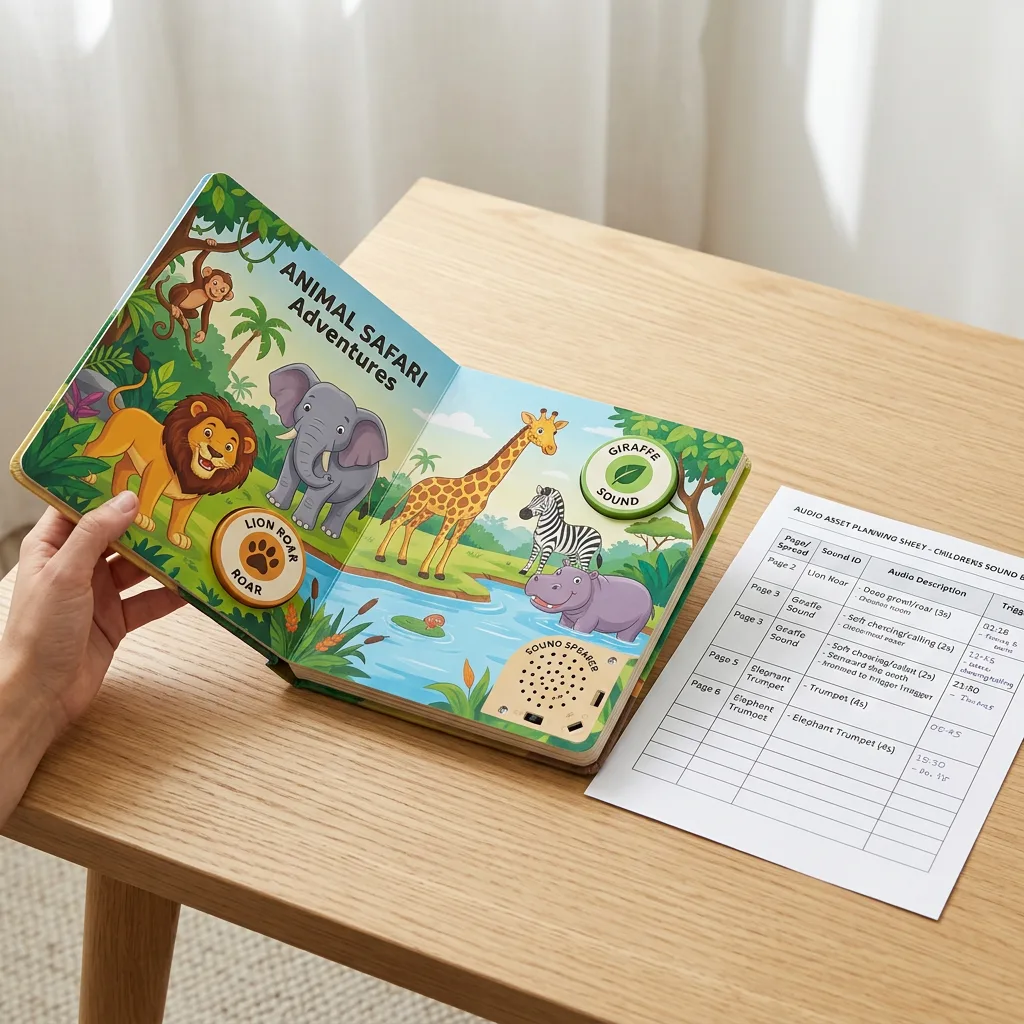 Open custom children's sound book with audio buttons and planning notes