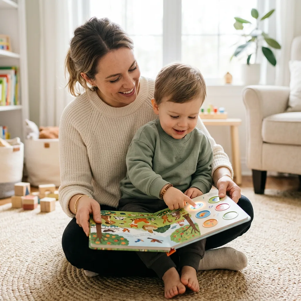 Child using an interactive sound book during shared reading