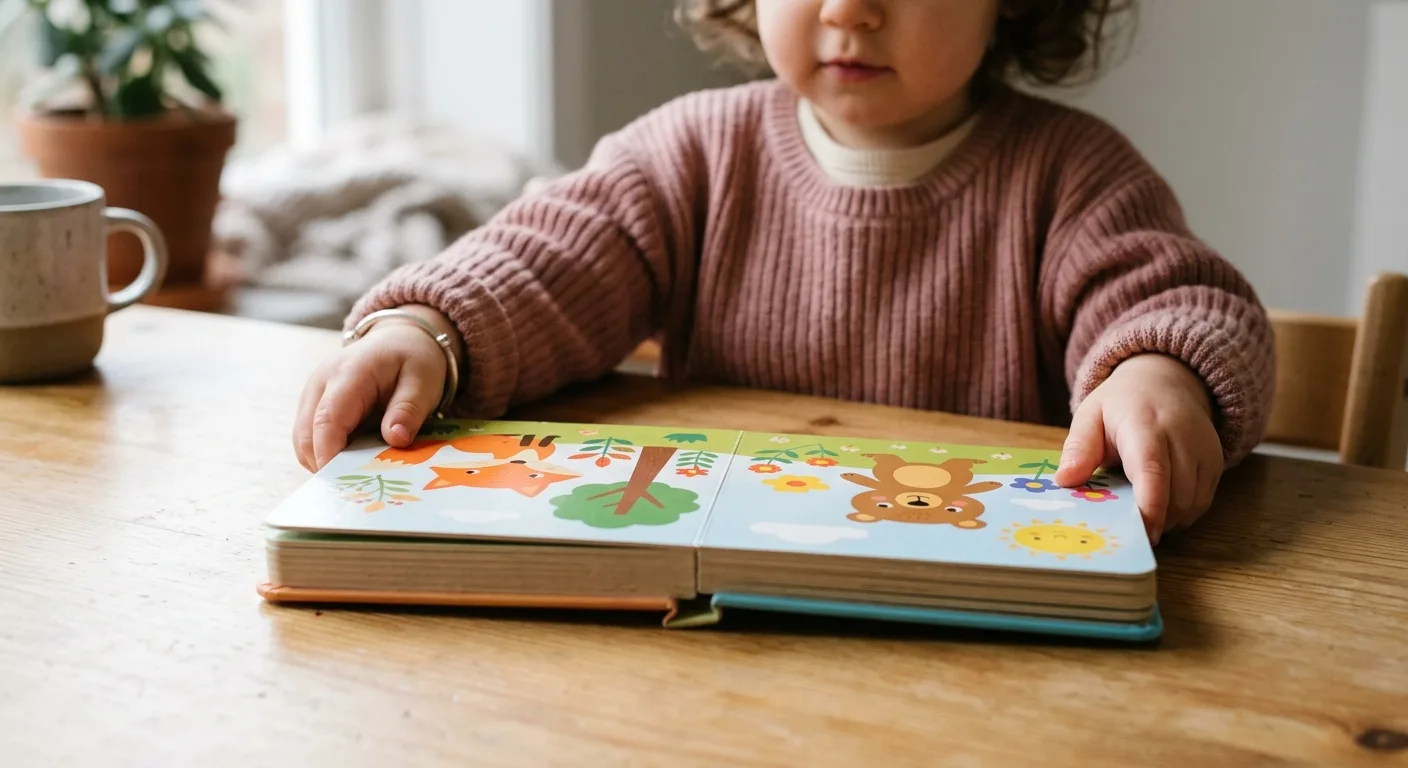 Toddler holding a square board book with thick pages