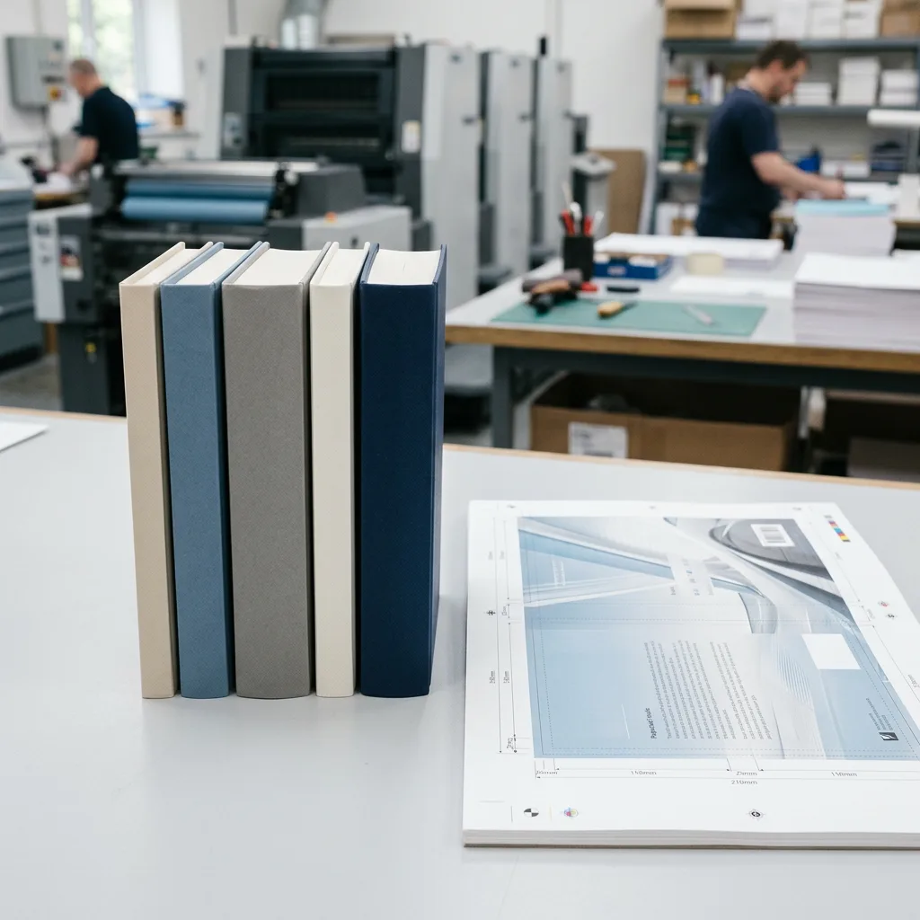 Custom printed books with different spine widths and a cover layout sheet