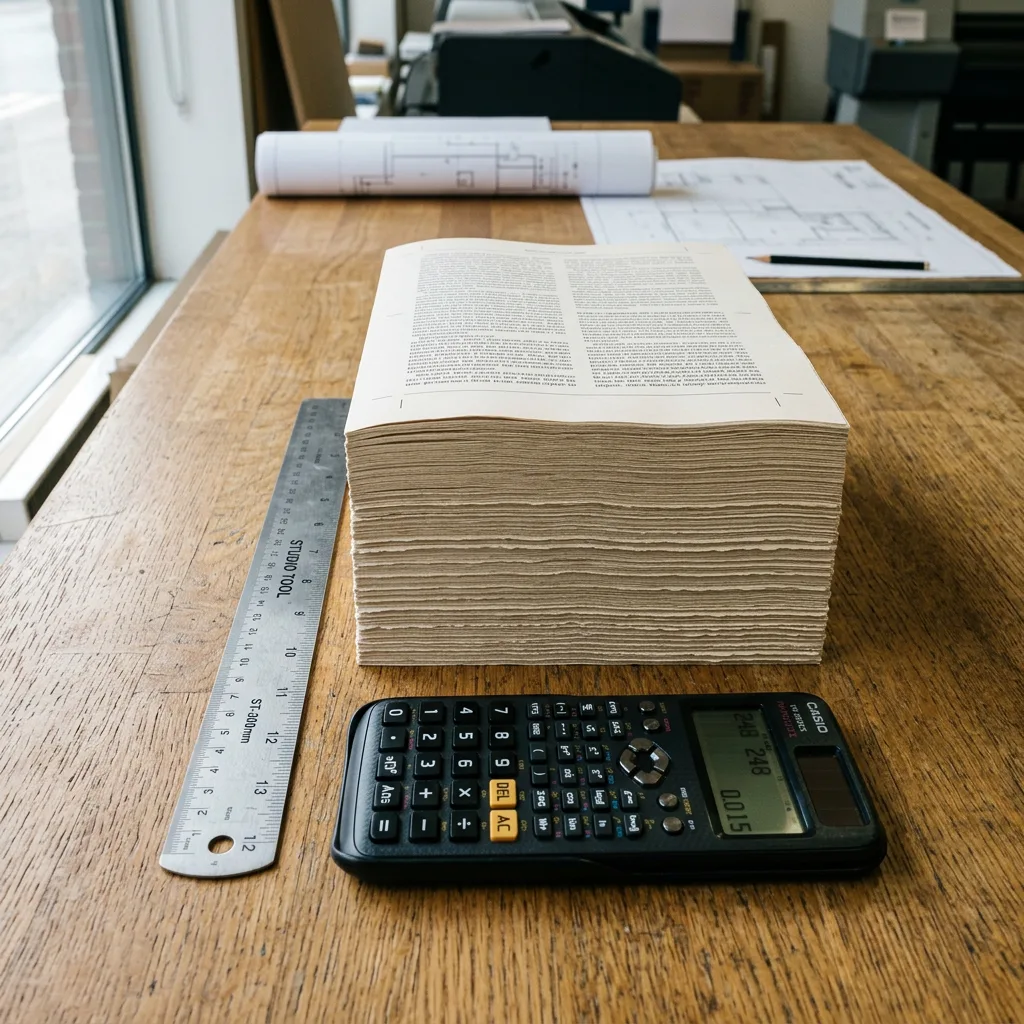 Paper sheets and measuring tools used to calculate book spine width