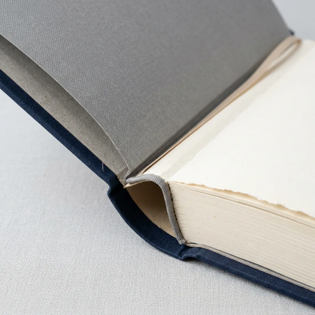 Hardcover book construction showing text block and spine components