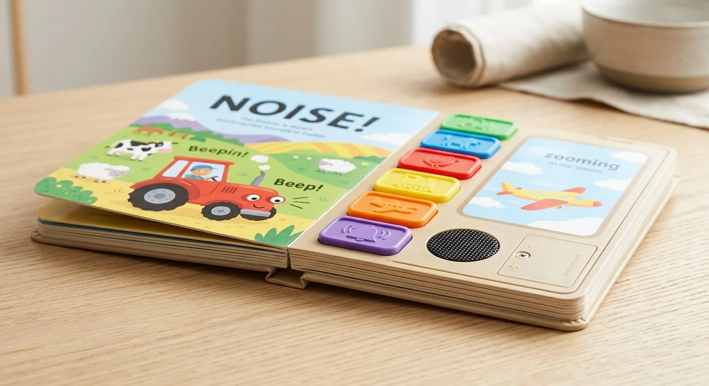 Open children's sound book showing button panel, speaker and printed board pages