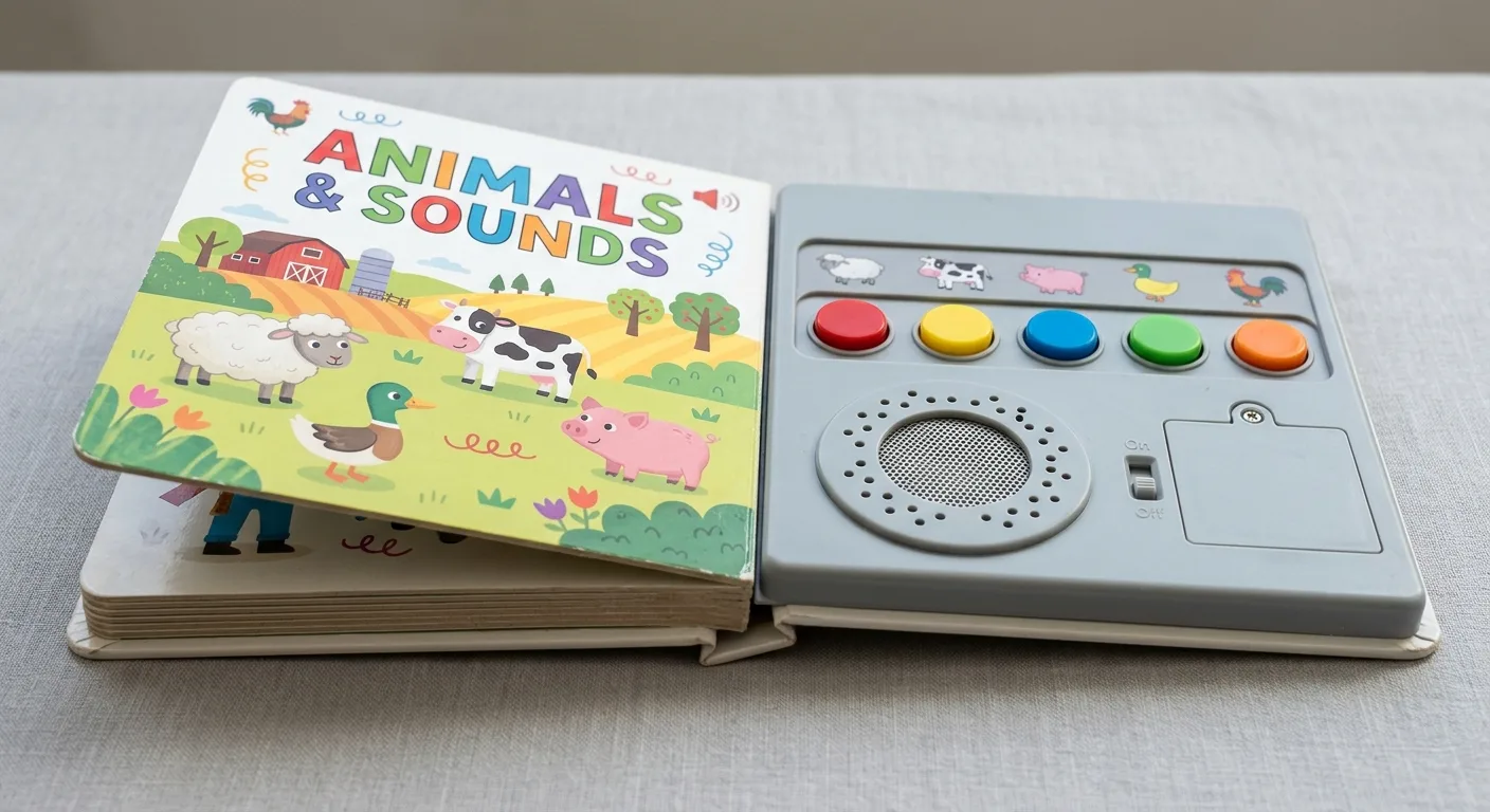 Children's sound book with integrated buttons and speaker panel