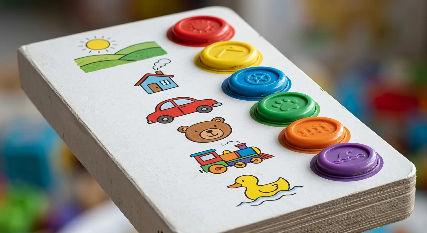 Close-up of sound buttons on a children's interactive book