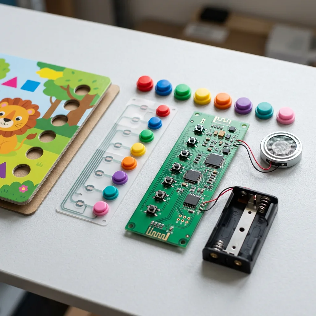 Sound module, buttons and speaker components for a children’s sound book