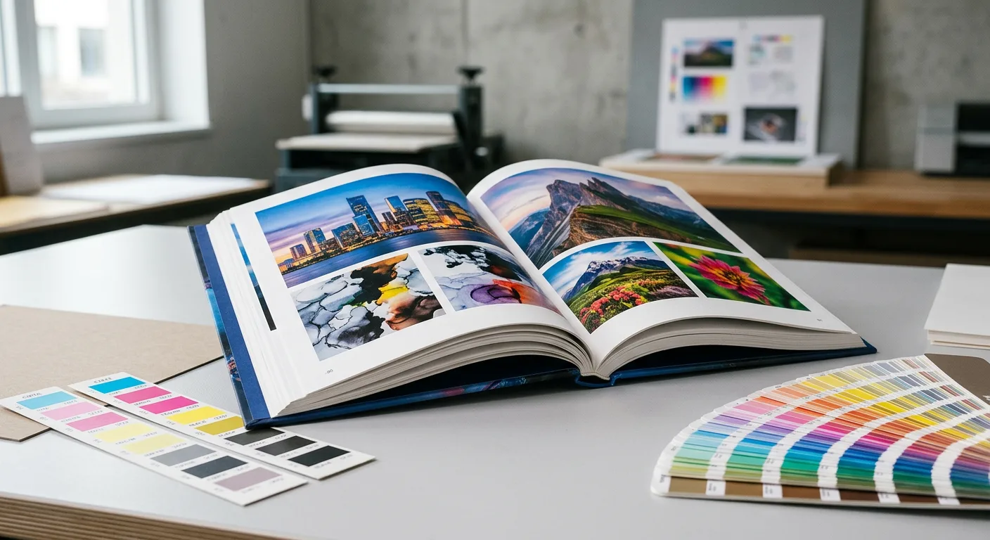 Open printed book with CMYK colour swatches and a spot-colour fan