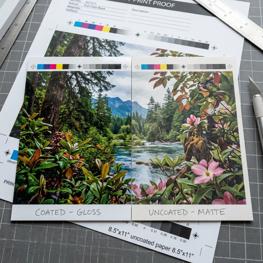 Book print proof with coated and uncoated paper samples