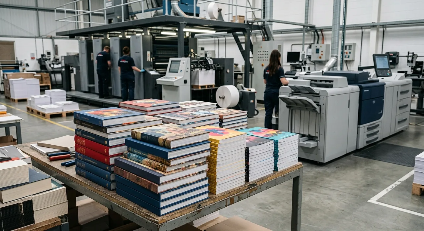Finished books representing offset and digital book printing options