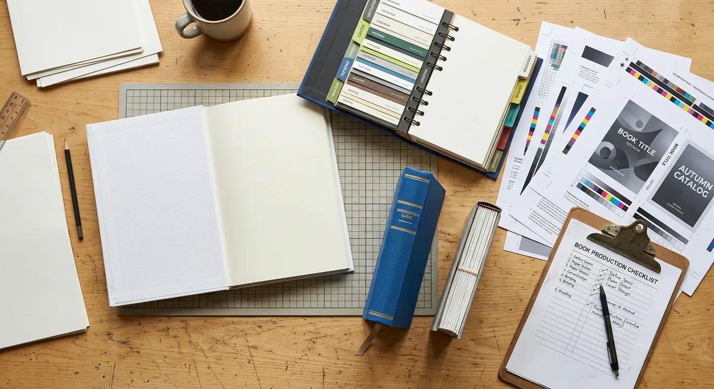 Book printing specification checklist with paper and binding samples