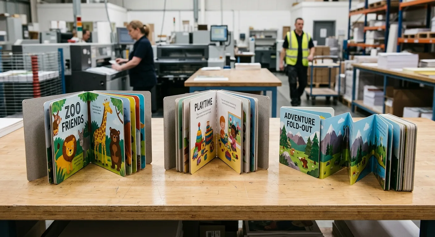 Three board book binding construction samples showing glued, sewn, and specialty formats