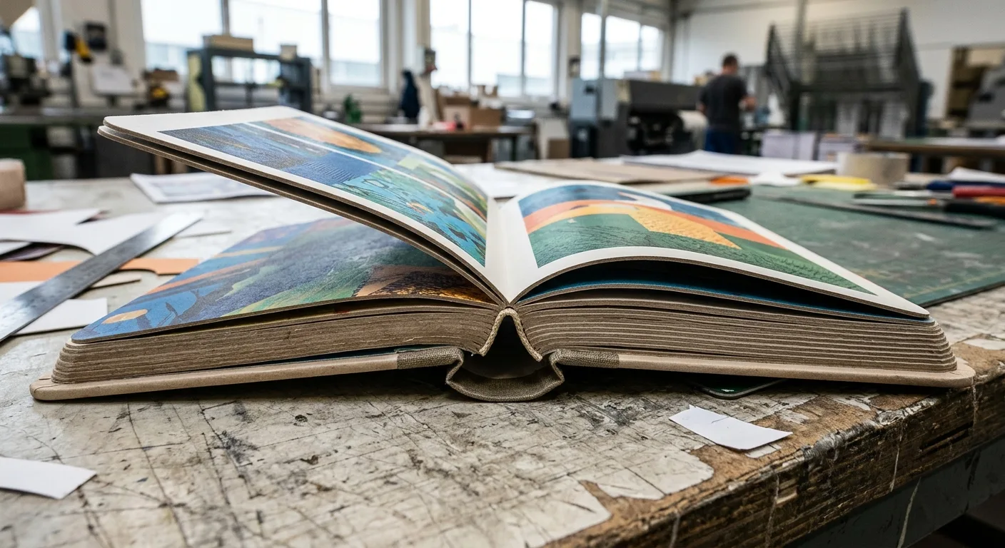 Open board book showing thick paperboard leaves and hinge construction