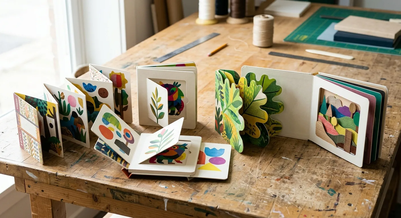 Specialty board book samples with accordion, flap, shaped, and layered pages
