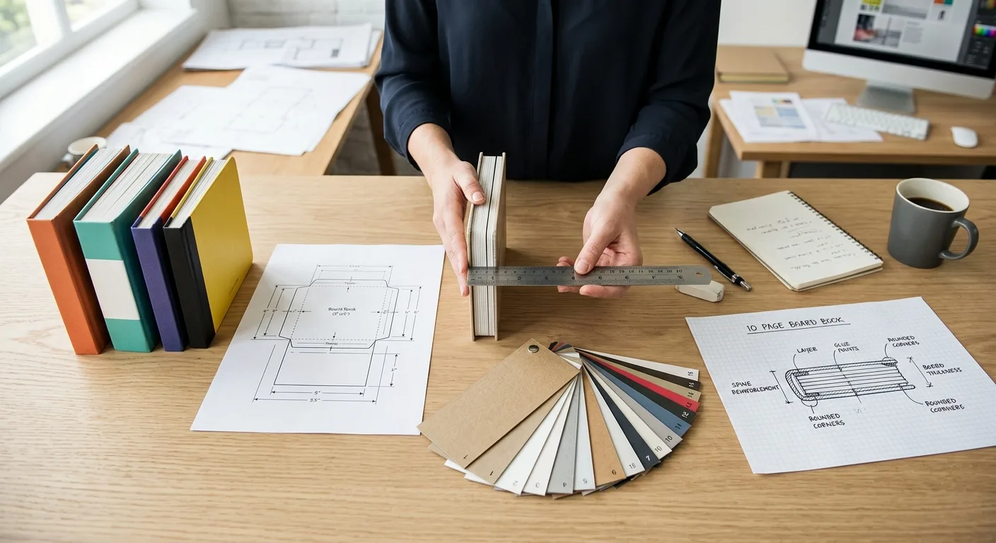 Buyer reviewing board book binding samples and material specifications