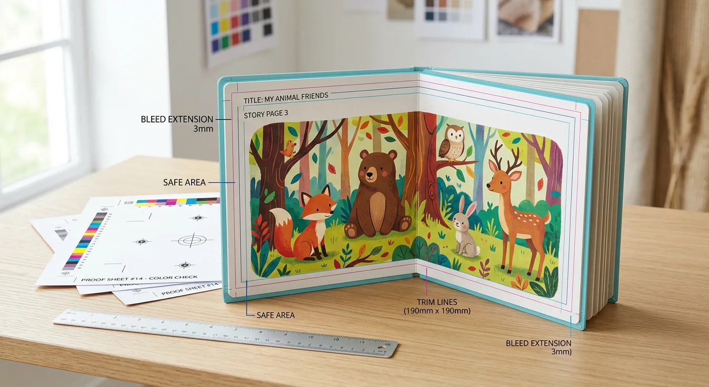Open children's board book proof showing bleed, trim and safe-area guides