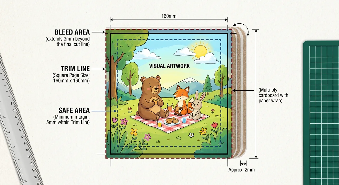 Diagram of a board book page with trim, bleed and safe area