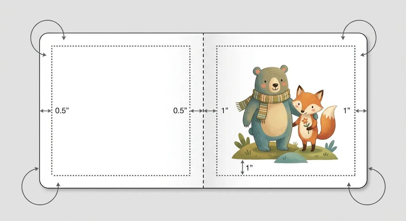 Board book spread showing safe areas around edges and centre fold