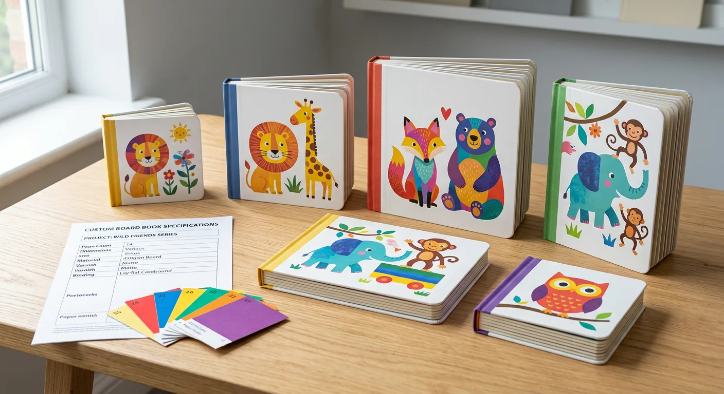 Custom board books, paper swatches and a production specification sheet for cost planning