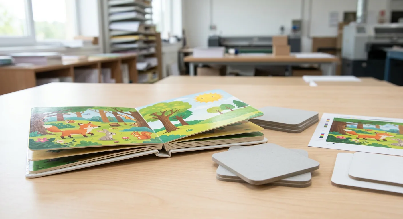 Mounted board pages and material samples used in custom board book production