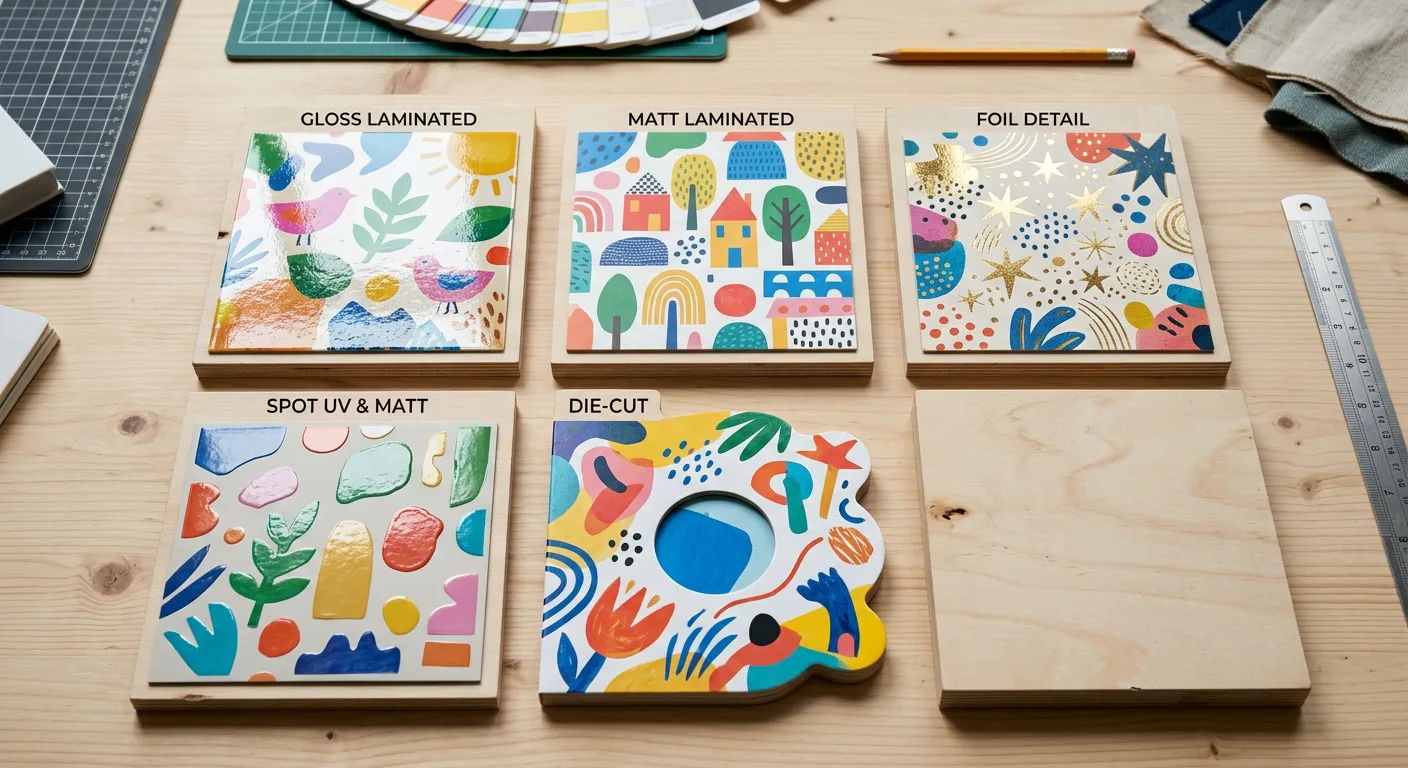 Board book cover finish and die-cut samples that affect manufacturing cost
