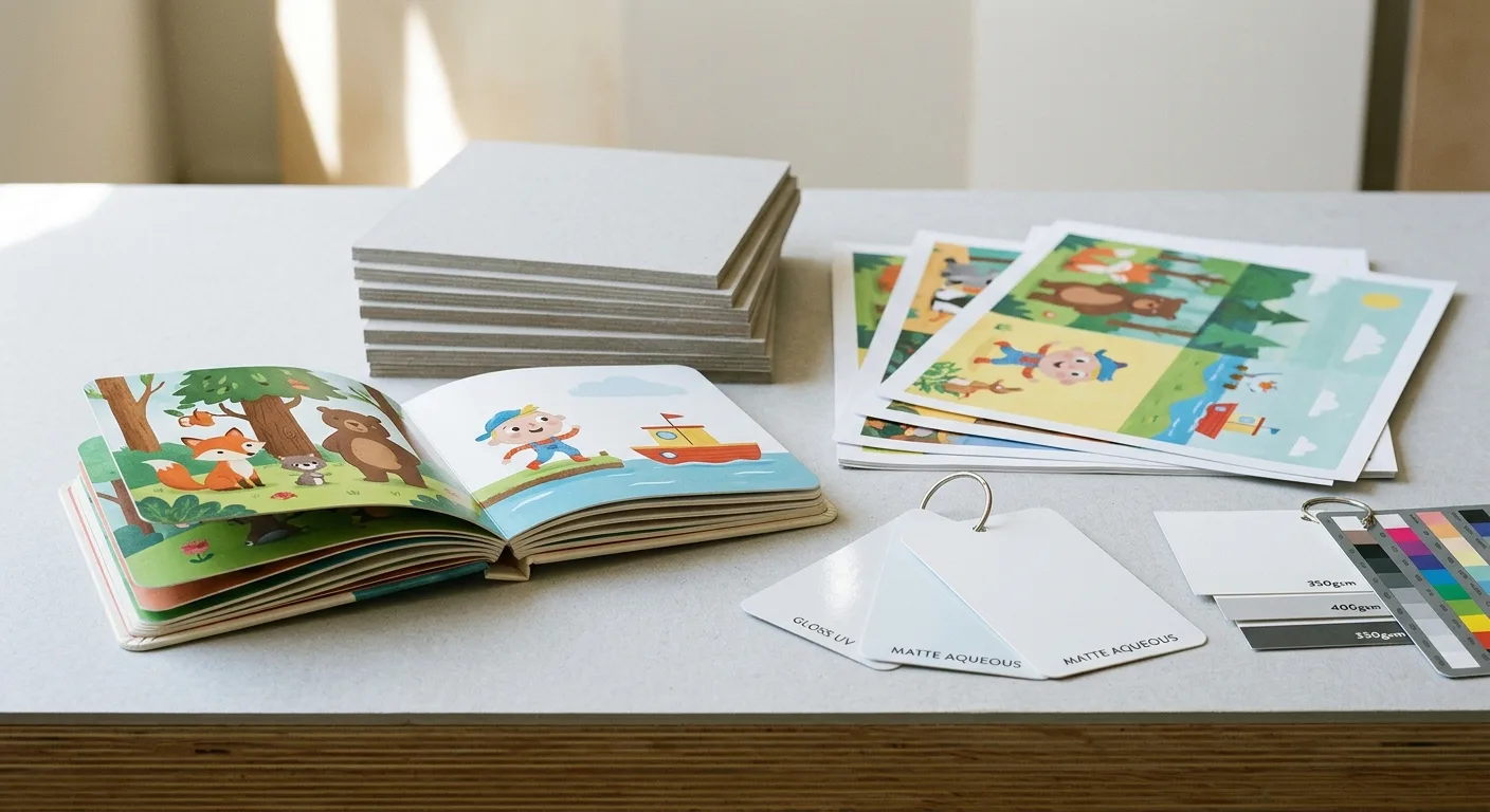 Board book printing materials including paper, rigid board core, and coating samples