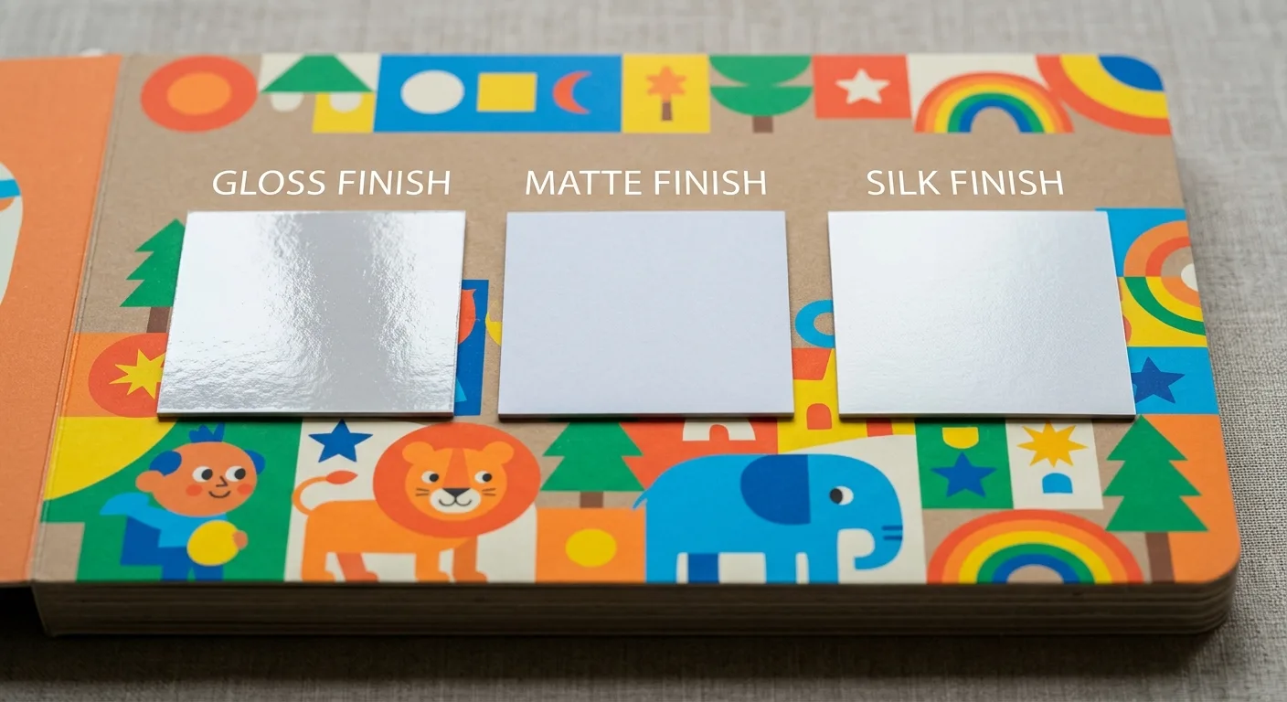Gloss, matte, and silk board book coating samples