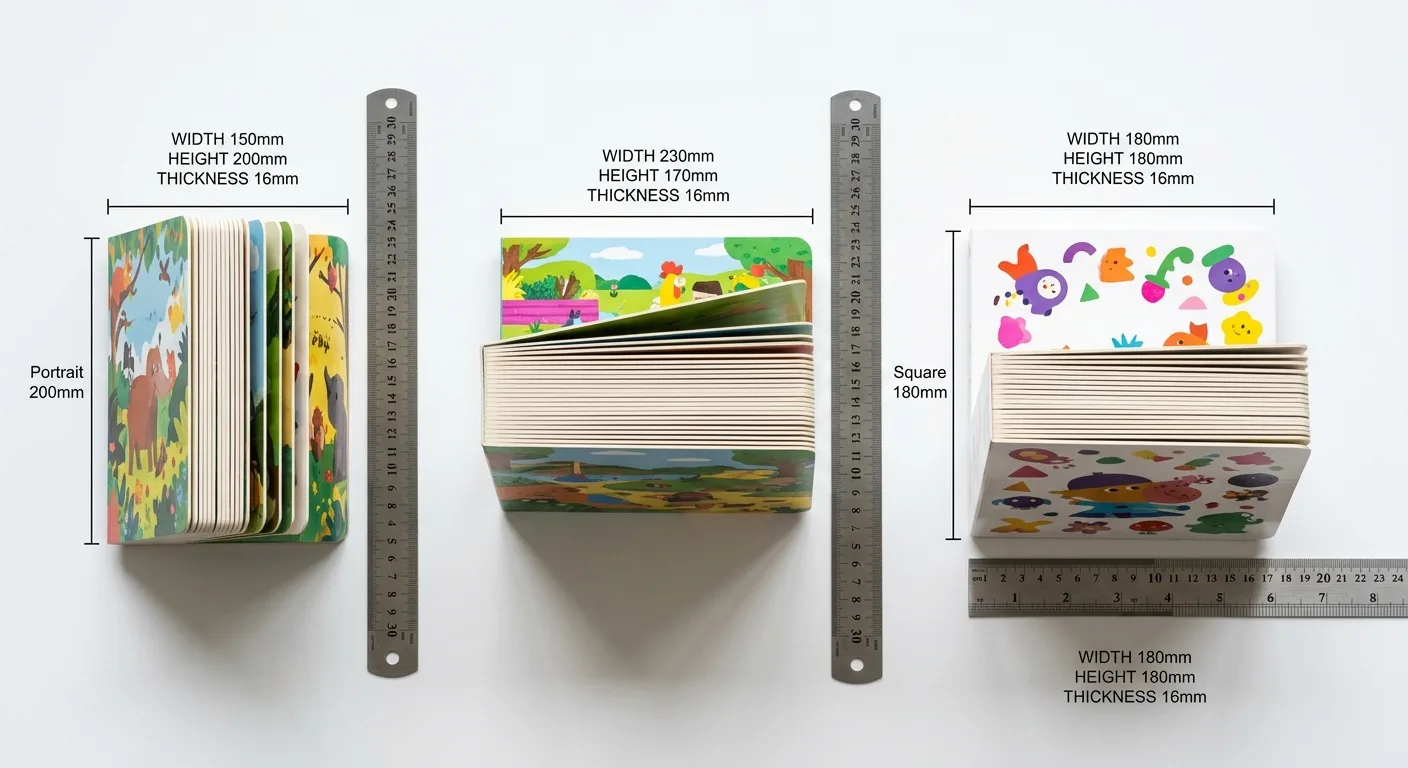 Portrait, landscape, and square board book dimensions compared with rulers