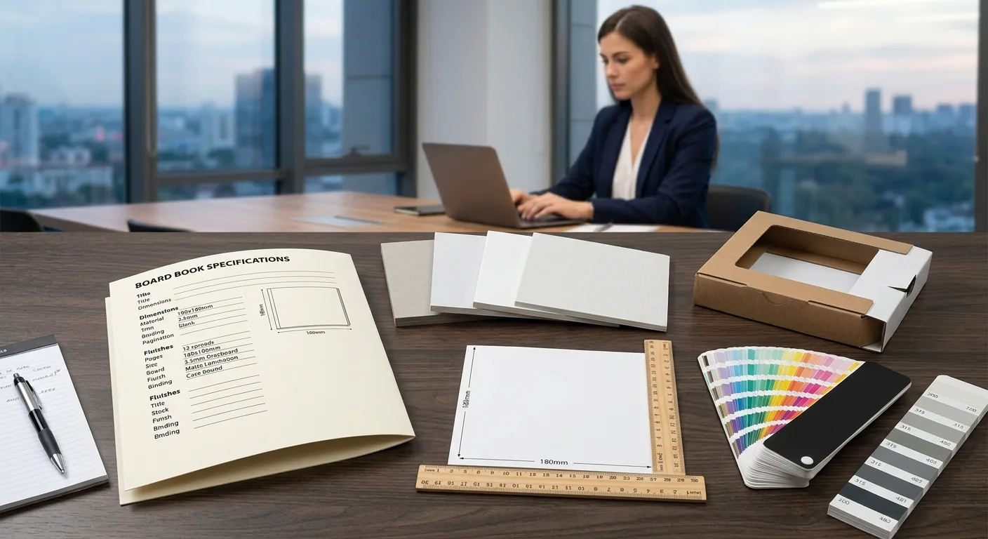 Board book printing specification checklist with samples and measurement tools