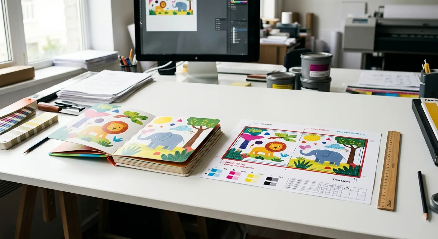 Board book printing template showing page spreads, trim lines and bleed guides
