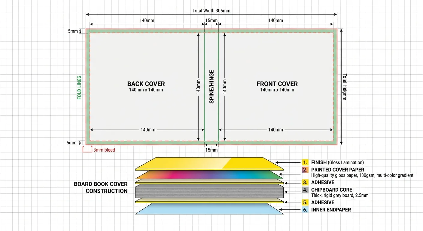 Board book cover template with cover, hinge and fold zones