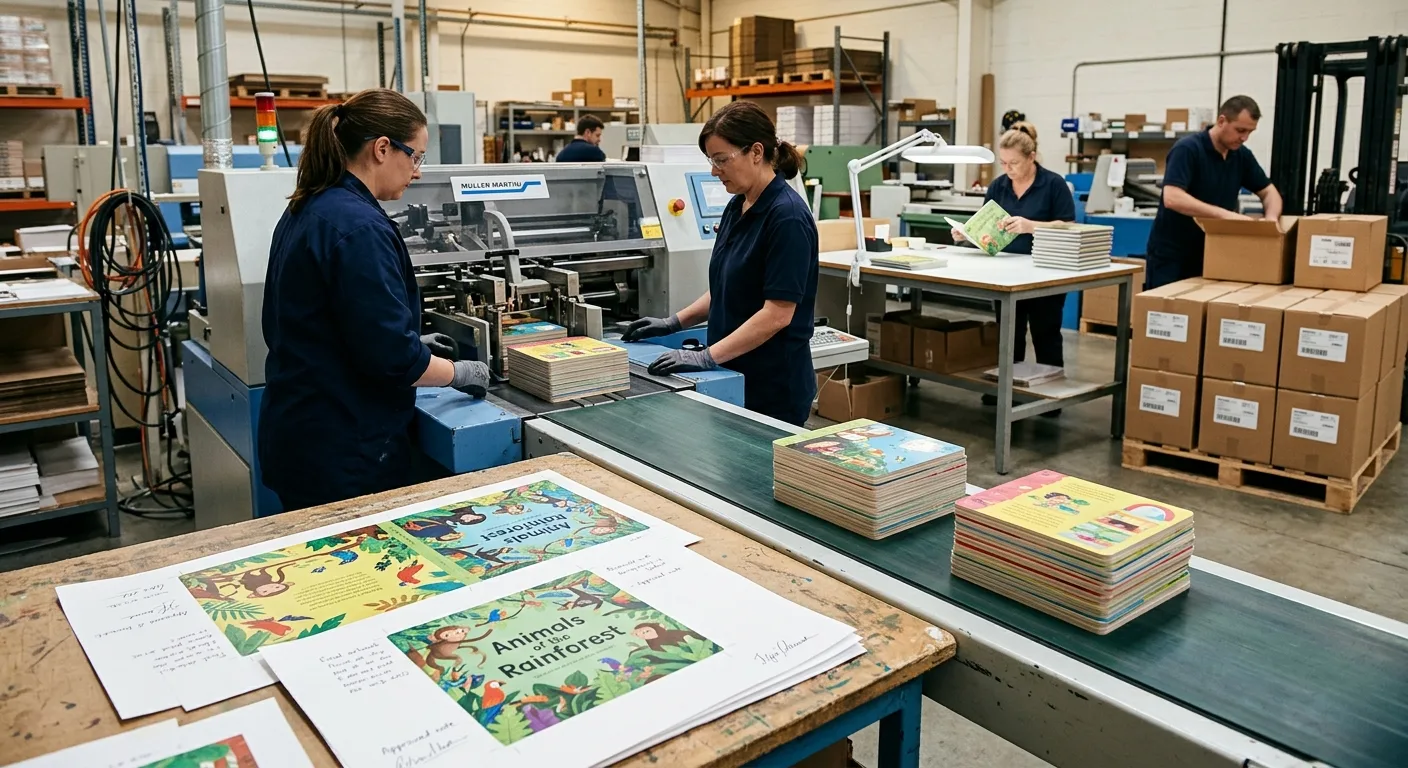 Board book production process from printed artwork to packed cartons