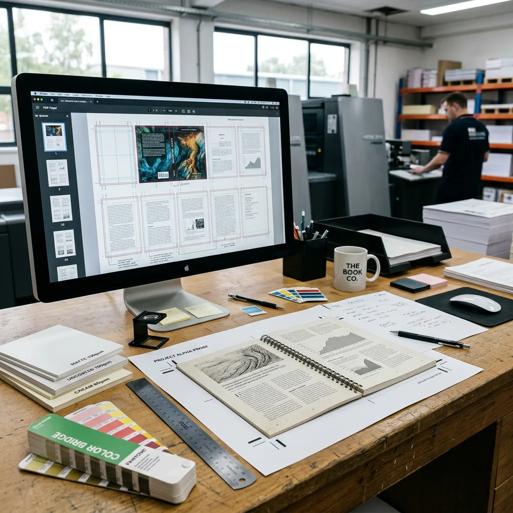 Print-ready book file checklist with a book proof, cover layout and printing materials