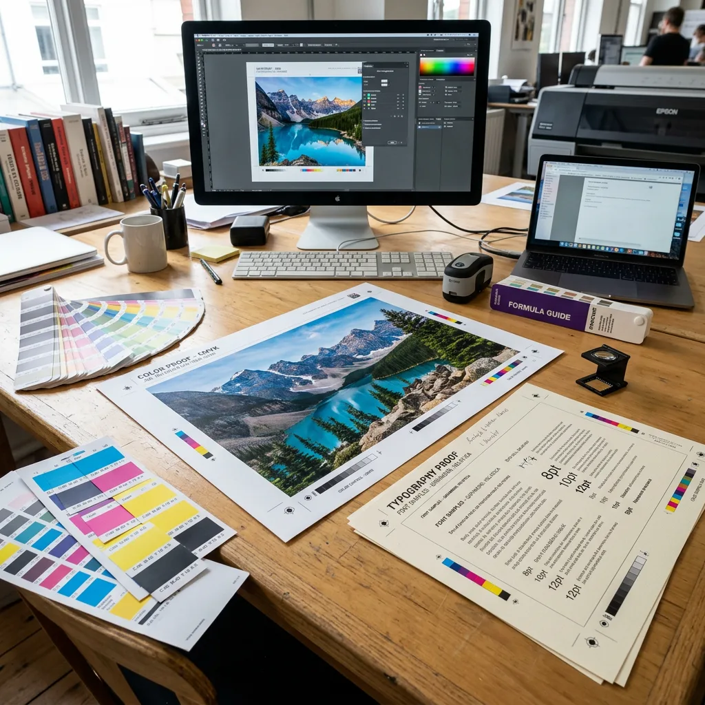 Colour proof, CMYK swatches and image samples for book printing
