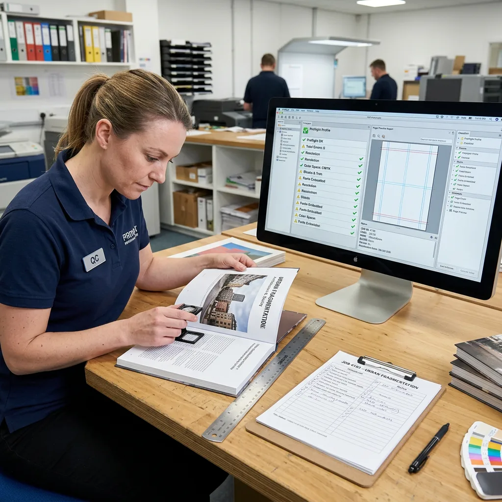 Printed book proof and PDF preflight inspection before production