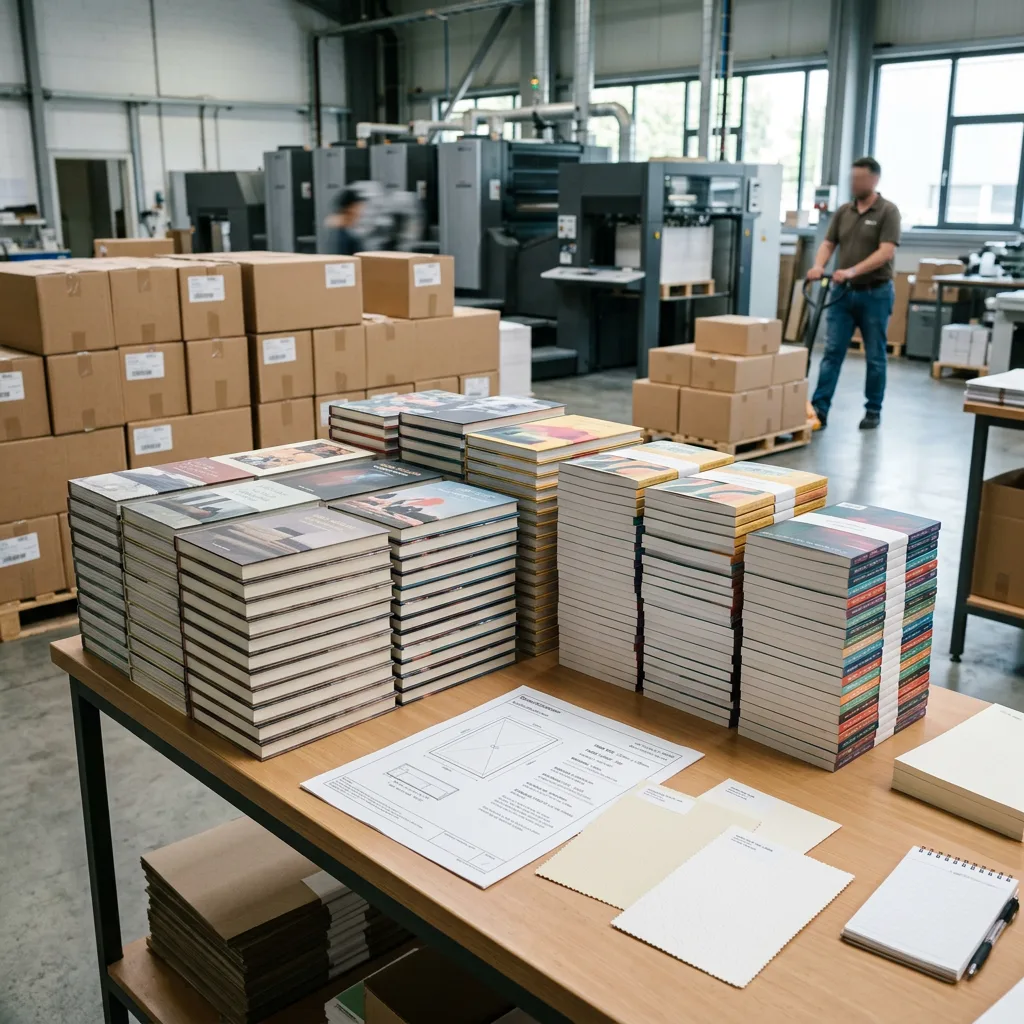 Printed books, paper samples and cartons arranged for planning a book print run