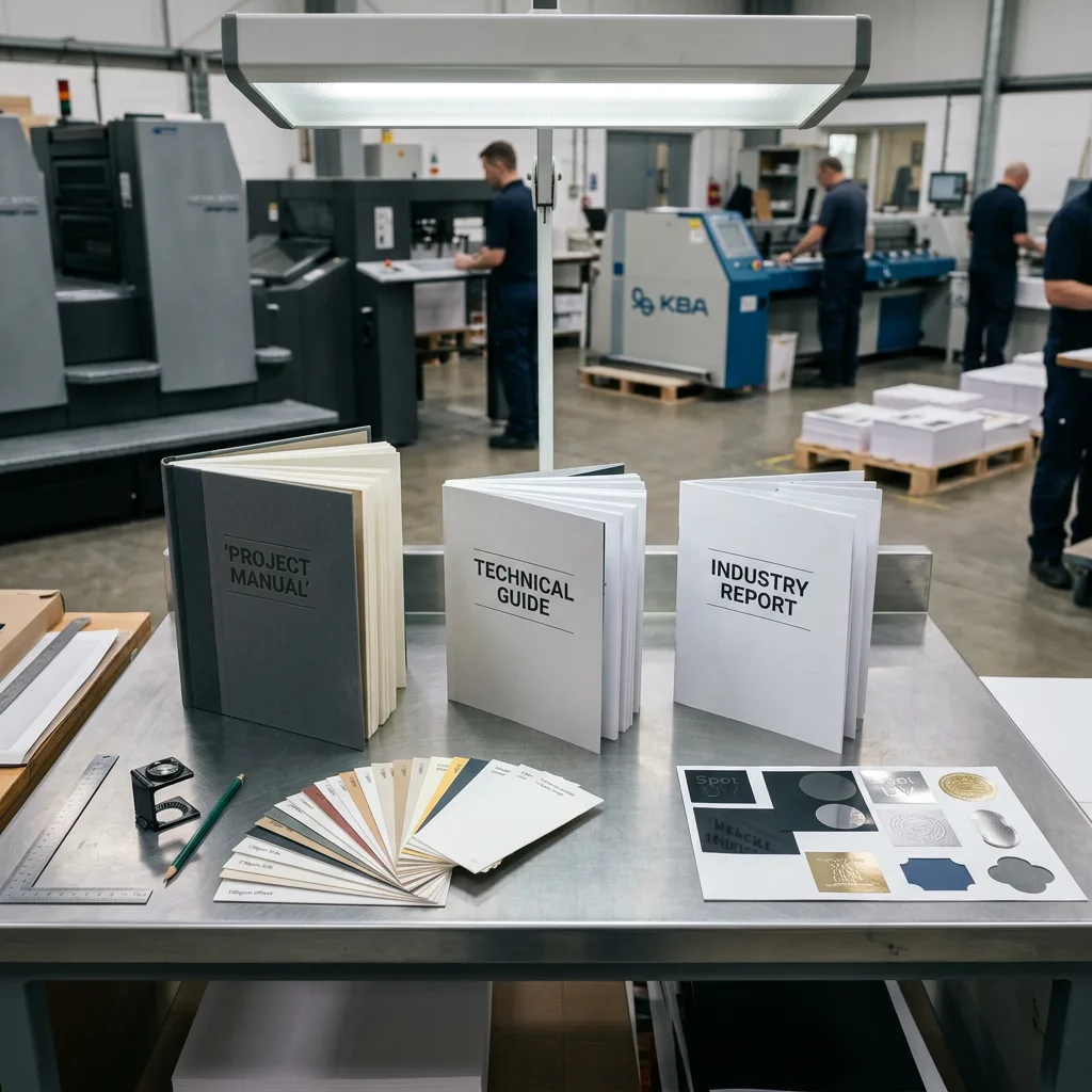 Different book formats, bindings and paper samples used to assess printing MOQ