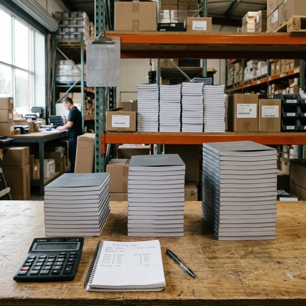 Book stacks and inventory notes used to plan a custom print run