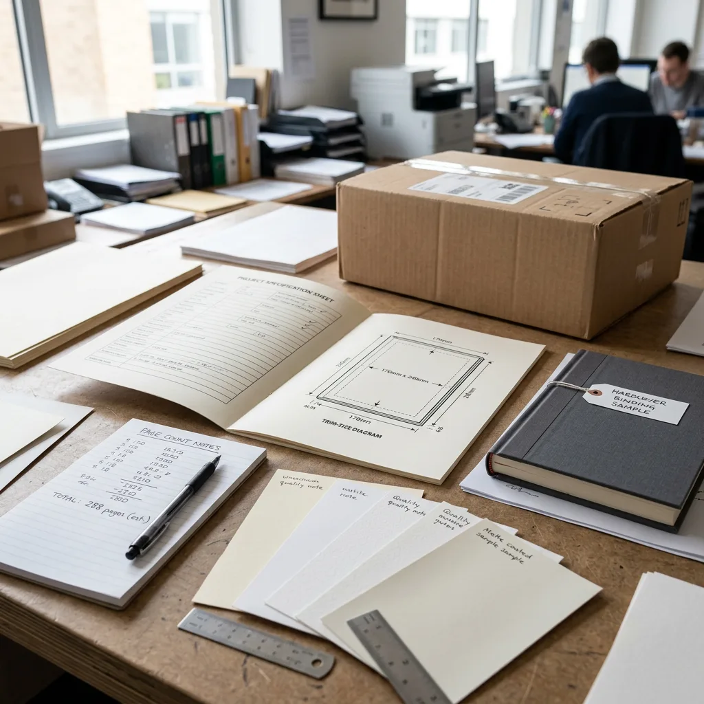 Book specification sheet and materials prepared for a printing quotation