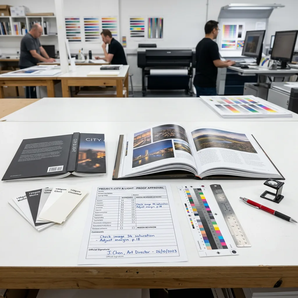 Book printing proof, paper swatches and cover proof prepared for pre-production review