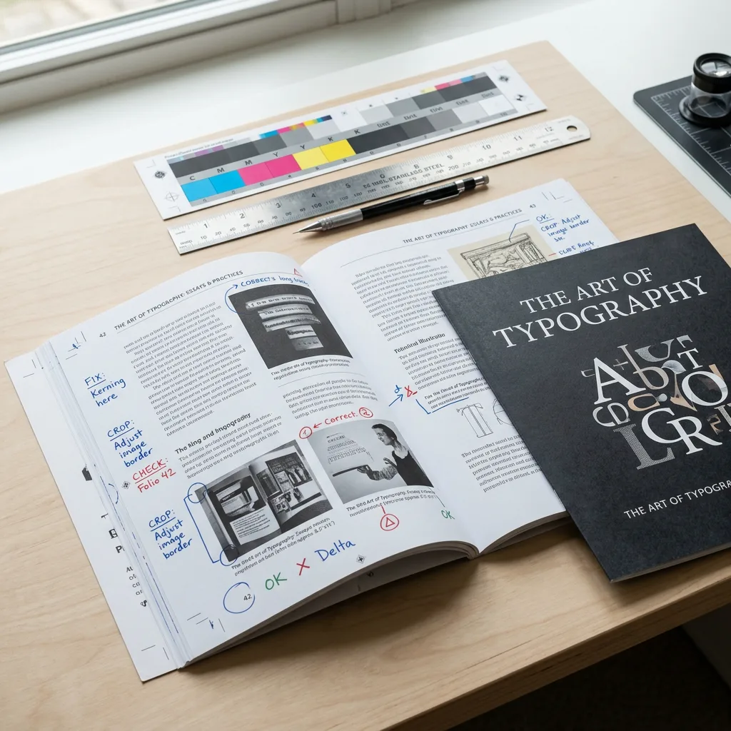 Open book printing proof and cover sheet being reviewed before production