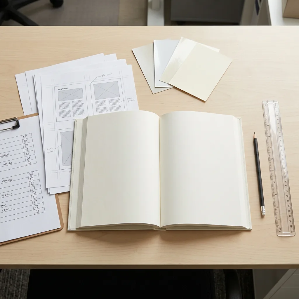 Book proofing checklist with printed book pages and paper samples