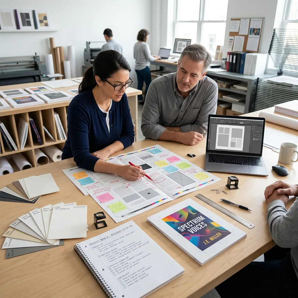 Annotated book proof and production approval notes on a print project desk