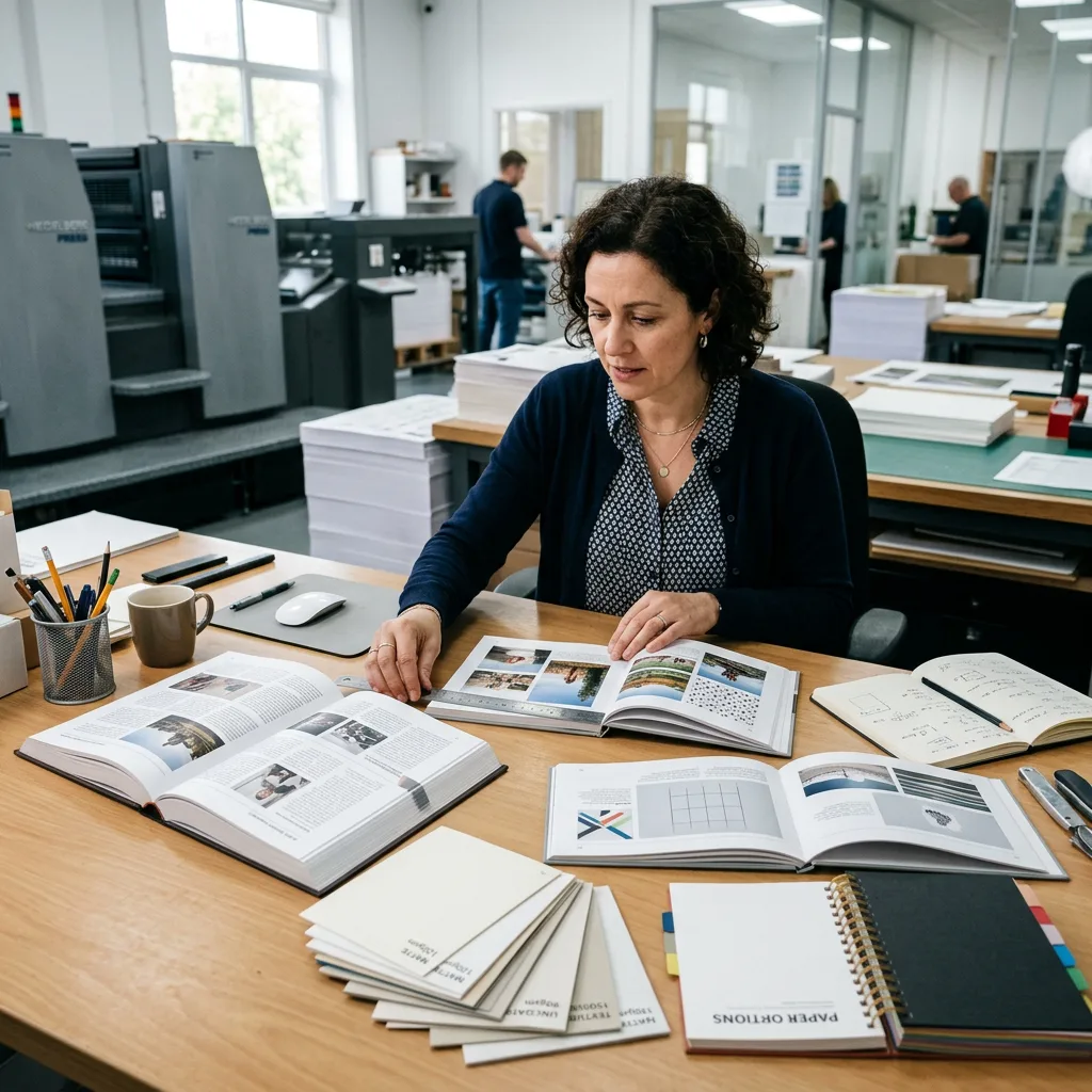 Designer comparing book formats and paper samples