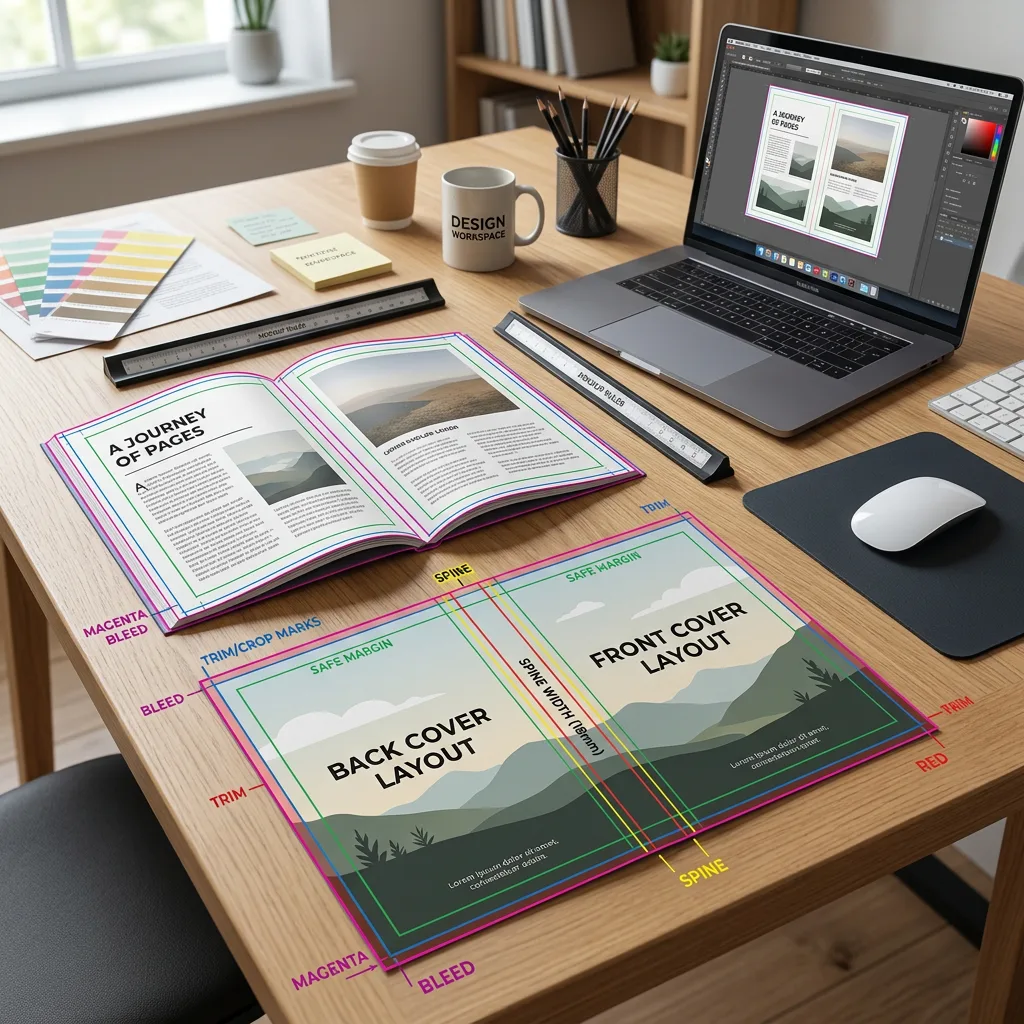 Book artwork setup with bleed margins and cover spine area