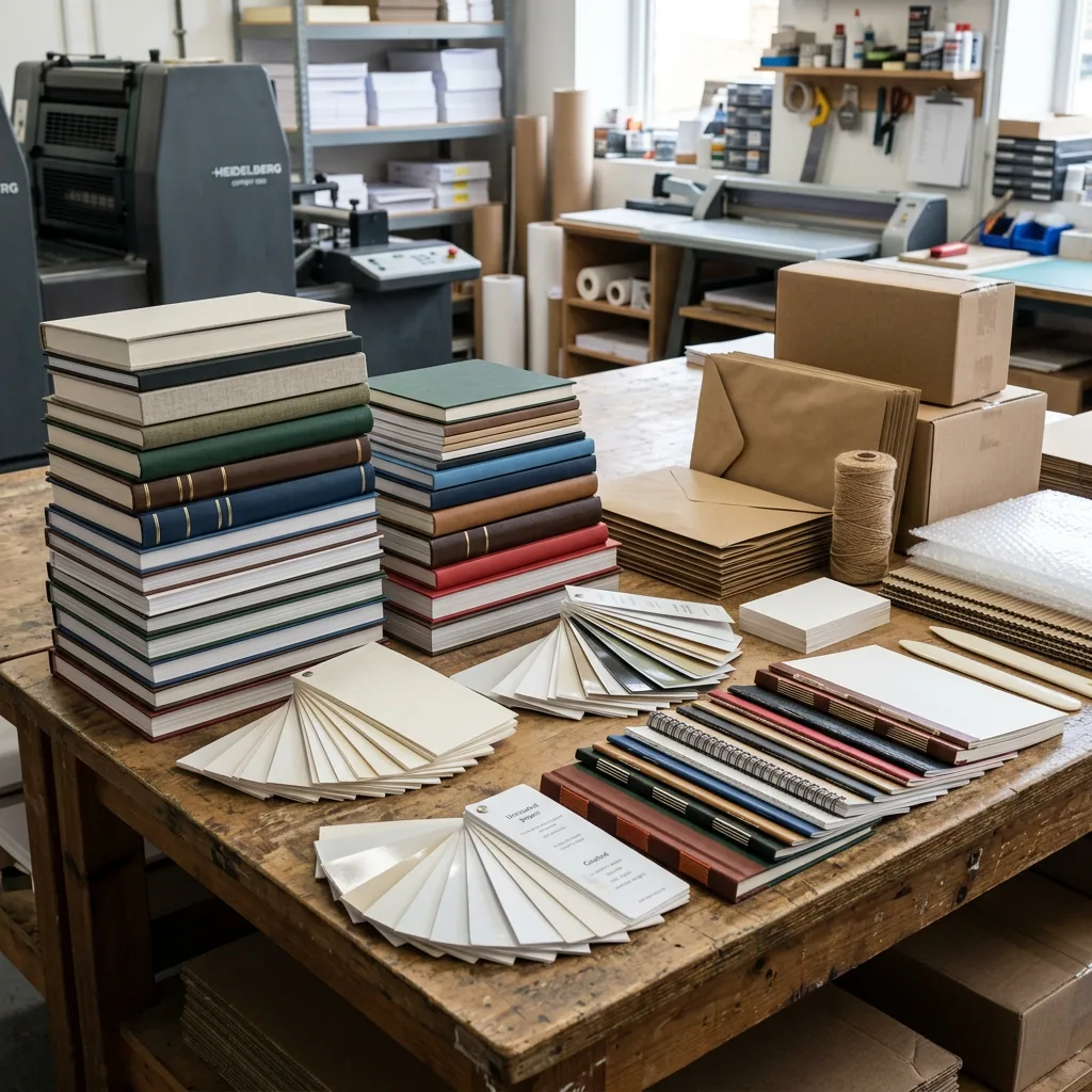 Book sizes, paper samples and binding materials for production planning