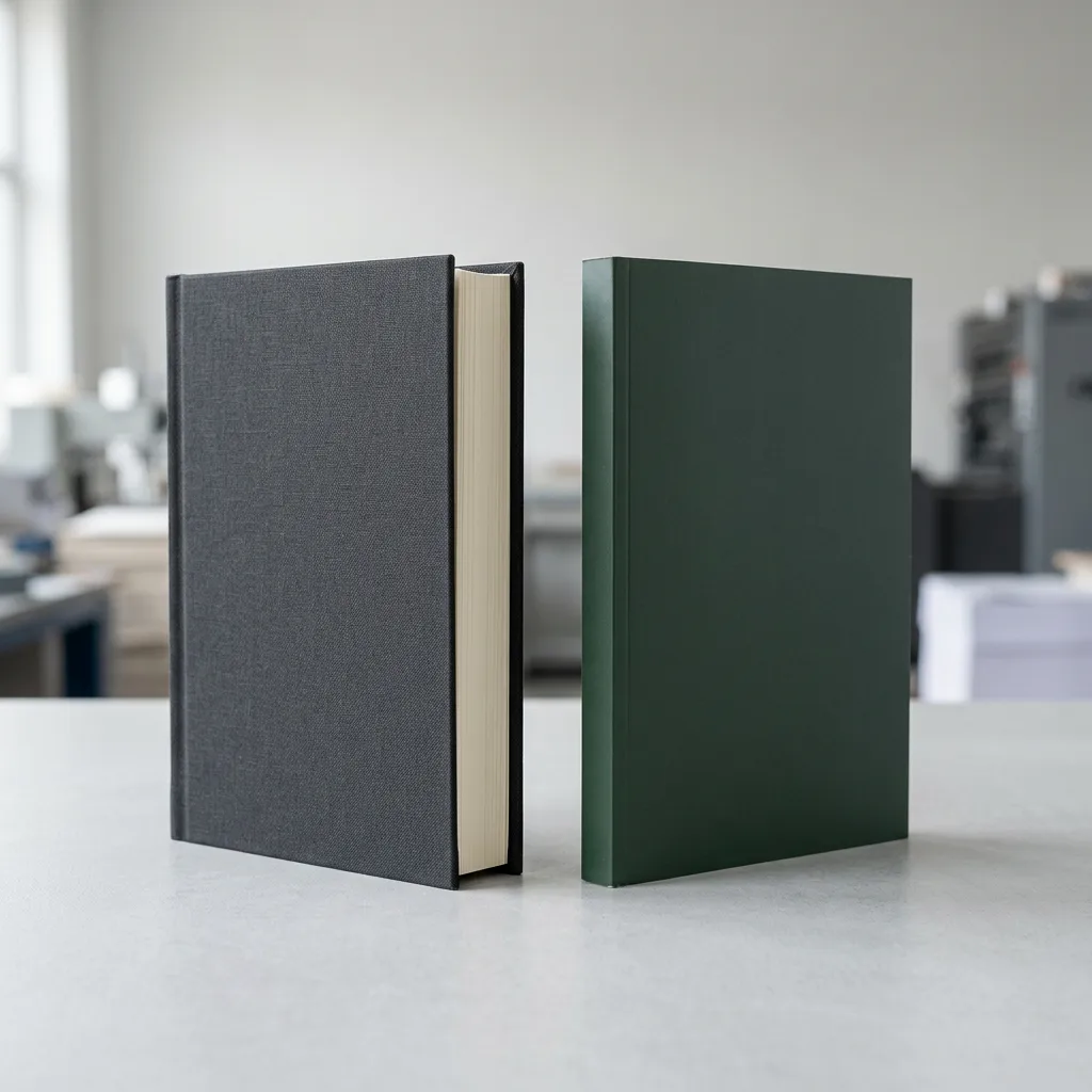 Case-bound hardcover book and perfect-bound softcover book shown side by side