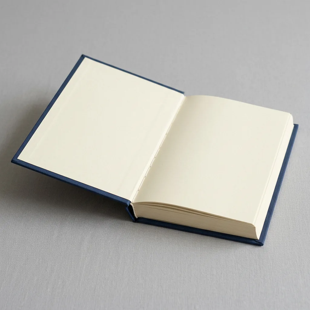 Open case-bound hardcover book showing boards, endpapers and text block