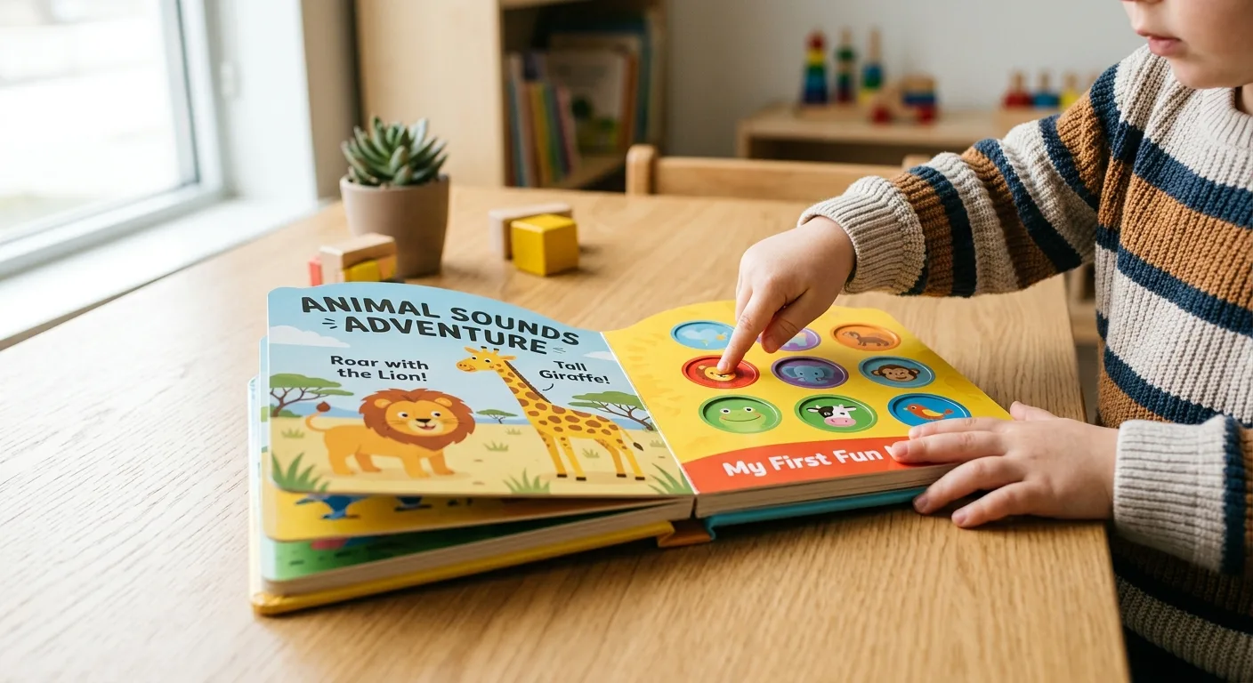 Child interacting with a custom sound board book for early learning